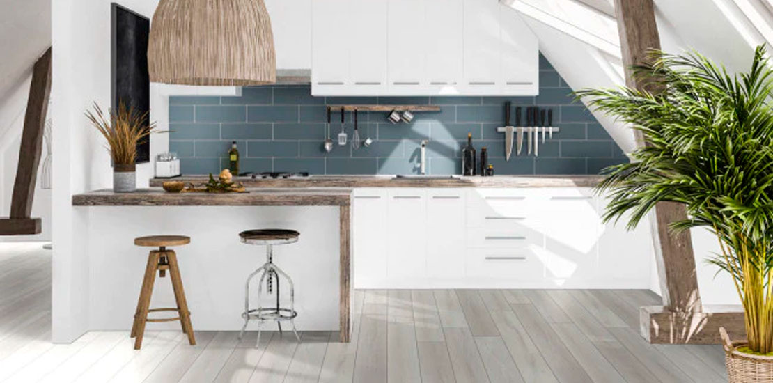 Stylish living room interior with comfortable blue sofa and beige flooring