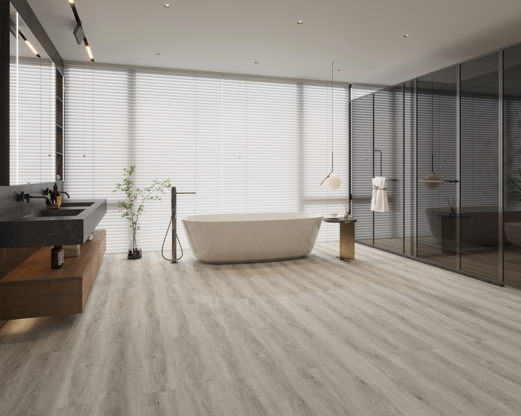 Bathroom with greige colour LVT flooring