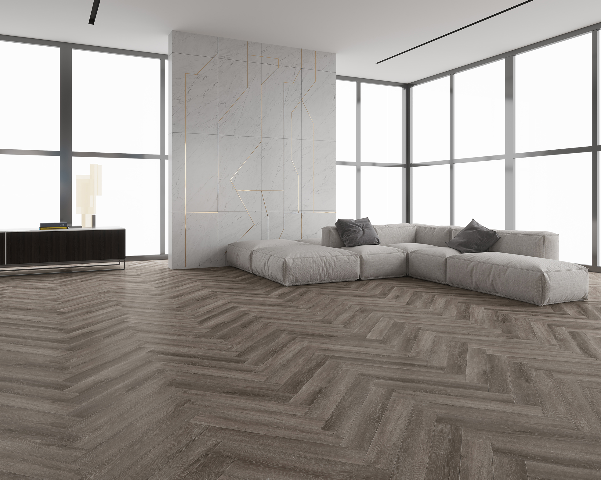 large lounge area with herringbone LVT