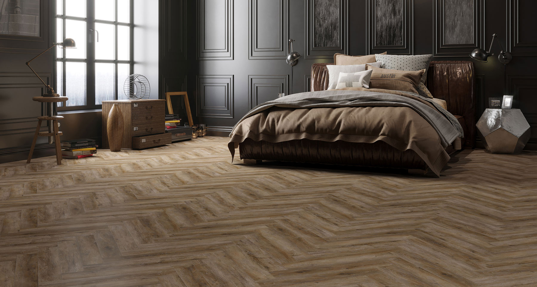 Herringbone pattern flooring in a master bedroom